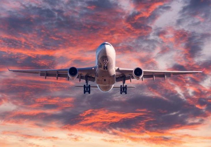 降落的飞机. 风景与客机在蓝天与红色中飞翔, 日落时紫色和橙色的云. 旅游的背景. 客机. 商用飞机. 私CQ9电子飞机
